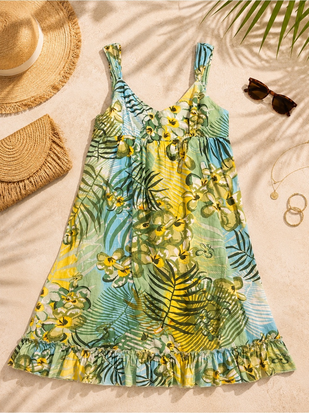 Raviya Tropical Floral 100% Cotton Smocked Resort Sundress S/M EUC